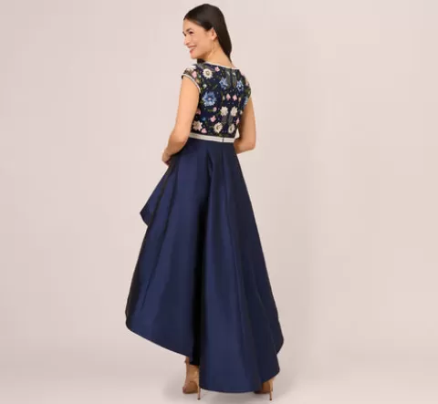 Adrianna Papell Cap Sleeve Beaded Gown With Taffeta High Low Skirt In Light Navy LIGHTNAVY Fashion