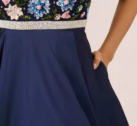 Adrianna Papell Cap Sleeve Beaded Gown With Taffeta High Low Skirt In Light Navy LIGHTNAVY Fashion