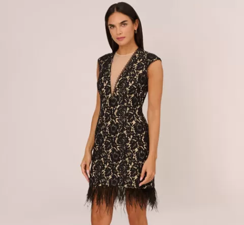 Adrianna Papell Cap Sleeve Lace Cocktail Dress With Feather Trim In Black Nude BLACK-NUDE Outlet