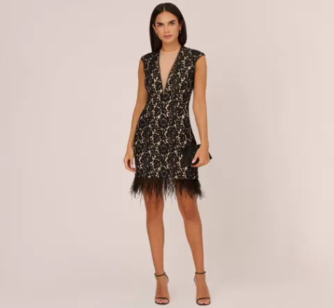 Adrianna Papell Cap Sleeve Lace Cocktail Dress With Feather Trim In Black Nude BLACK-NUDE Outlet