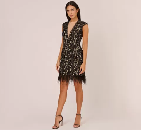 Adrianna Papell Cap Sleeve Lace Cocktail Dress With Feather Trim In Black Nude BLACK-NUDE Outlet
