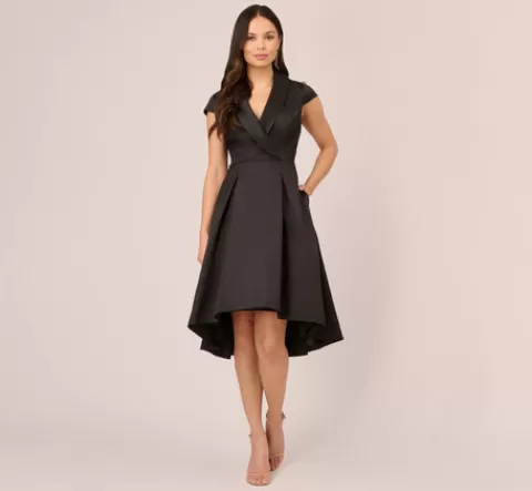 Adrianna Papell Cap Sleeve Mikado Midi Dress With High Low Skirt In BLACK Outlet