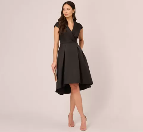 Adrianna Papell Cap Sleeve Mikado Midi Dress With High Low Skirt In BLACK Outlet