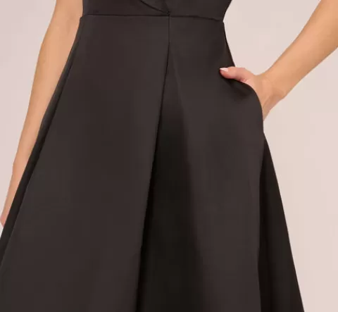Adrianna Papell Cap Sleeve Mikado Midi Dress With High Low Skirt In BLACK Outlet