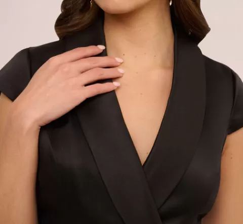 Adrianna Papell Cap Sleeve Mikado Midi Dress With High Low Skirt In BLACK Outlet
