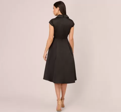 Adrianna Papell Cap Sleeve Mikado Midi Dress With High Low Skirt In BLACK Outlet