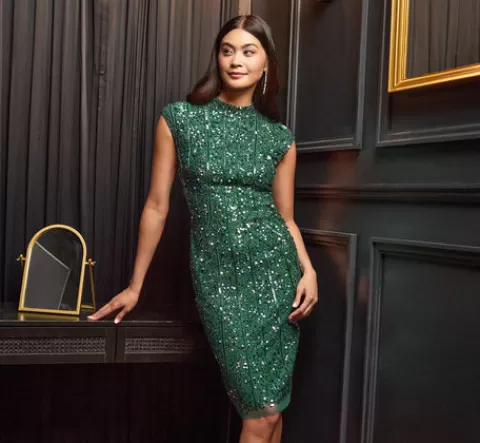 Adrianna Papell Cap Sleeve Sequin Beaded Dress With Mock Neckline In Gem Green GEMGREEN Discount