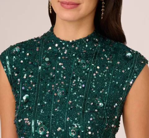 Adrianna Papell Cap Sleeve Sequin Beaded Dress With Mock Neckline In Gem Green GEMGREEN Discount