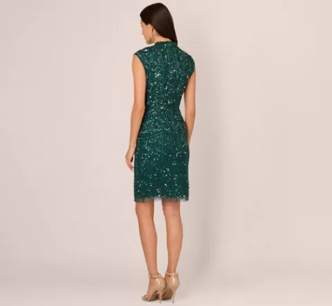 Adrianna Papell Cap Sleeve Sequin Beaded Dress With Mock Neckline In Gem Green GEMGREEN Discount