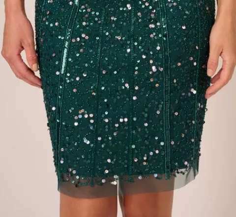Adrianna Papell Cap Sleeve Sequin Beaded Dress With Mock Neckline In Gem Green GEMGREEN Discount