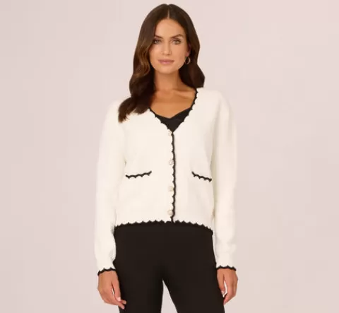 Adrianna Papell Cardigan Sweater With Contrast Scallop Trim In Ivory Black IVORY-BLACK Cheap