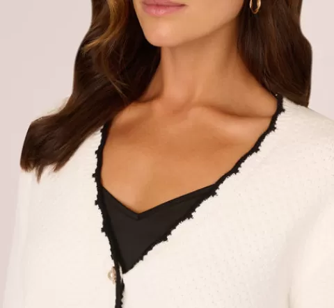 Adrianna Papell Cardigan Sweater With Contrast Scallop Trim In Ivory Black IVORY-BLACK Cheap