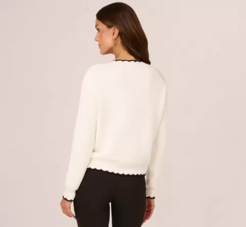 Adrianna Papell Cardigan Sweater With Contrast Scallop Trim In Ivory Black IVORY-BLACK Cheap