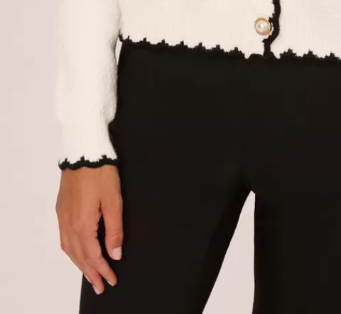 Adrianna Papell Cardigan Sweater With Contrast Scallop Trim In Ivory Black IVORY-BLACK Cheap