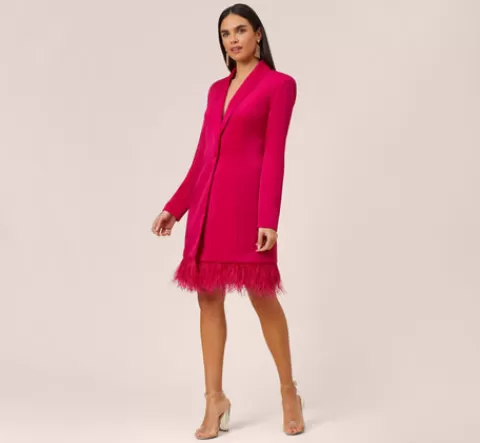 Adrianna Papell Charmeuse Tuxedo Short Sheath Cocktail Dress With Feather Trim In Bright Rose BRIGHTROSE Cheap