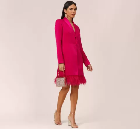 Adrianna Papell Charmeuse Tuxedo Short Sheath Cocktail Dress With Feather Trim In Bright Rose BRIGHTROSE Cheap