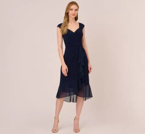 Adrianna Papell Chiffon And Jersey Flounce Draped Dress With Pleated Details In MIDNIGHT Best Sale