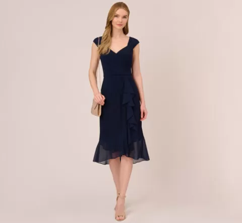 Adrianna Papell Chiffon And Jersey Flounce Draped Dress With Pleated Details In MIDNIGHT Best Sale