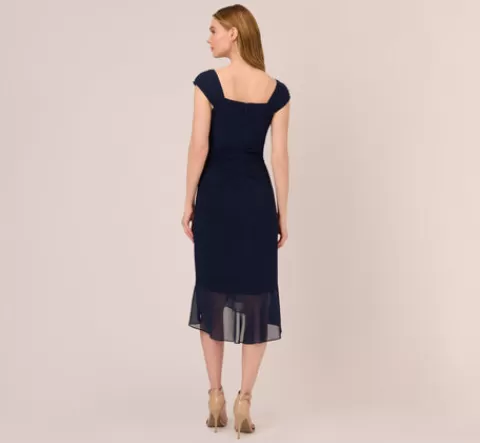 Adrianna Papell Chiffon And Jersey Flounce Draped Dress With Pleated Details In MIDNIGHT Best Sale