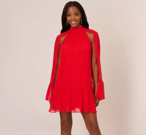 Adrianna Papell Chiffon Cape Sheath Dress With Ruffle Details In Red Crush REDCRUSH Hot