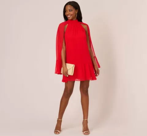 Adrianna Papell Chiffon Cape Sheath Dress With Ruffle Details In Red Crush REDCRUSH Hot