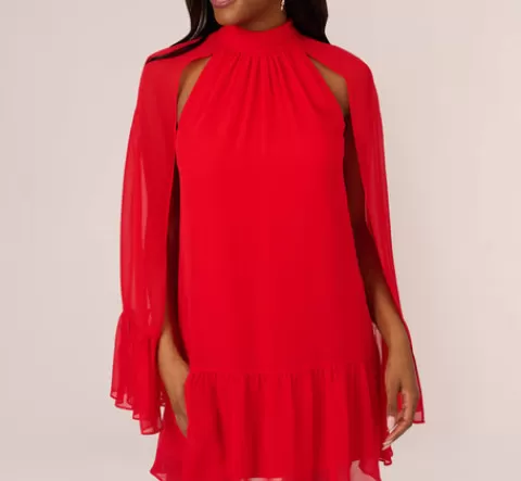 Adrianna Papell Chiffon Cape Sheath Dress With Ruffle Details In Red Crush REDCRUSH Hot