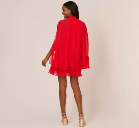 Adrianna Papell Chiffon Cape Sheath Dress With Ruffle Details In Red Crush REDCRUSH Hot