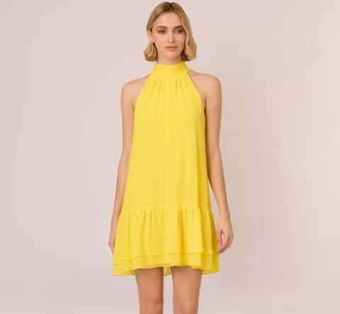 Adrianna Papell Chiffon Mock Neck Trapeze Dress With Flounce Hem In Hyper Yellow HYPERYELLOW Sale