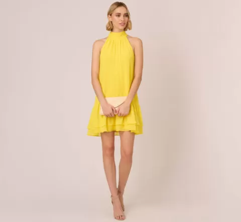 Adrianna Papell Chiffon Mock Neck Trapeze Dress With Flounce Hem In Hyper Yellow HYPERYELLOW Sale