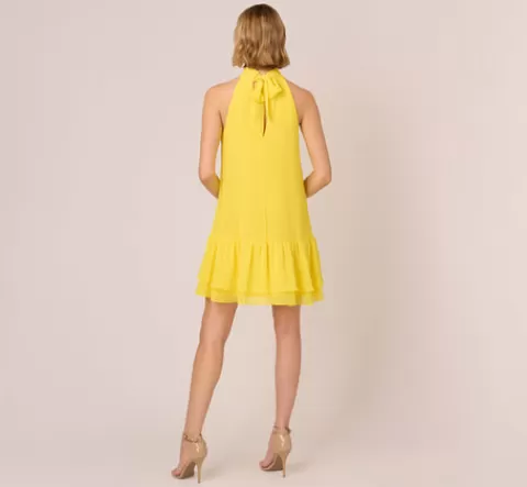 Adrianna Papell Chiffon Mock Neck Trapeze Dress With Flounce Hem In Hyper Yellow HYPERYELLOW Sale