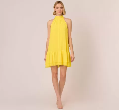 Adrianna Papell Chiffon Mock Neck Trapeze Dress With Flounce Hem In Hyper Yellow HYPERYELLOW Sale