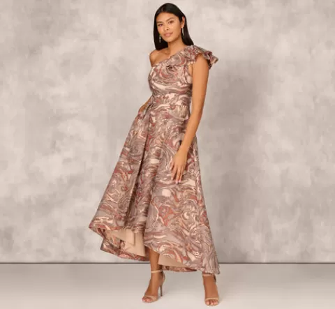 Adrianna Papell Clipped Jacquard High Low Gown With Ruffle One Shoulder Neck In Rust Multi RUSTMULTI Flash Sale