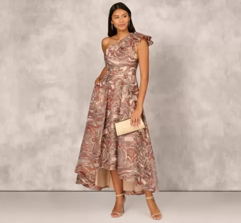 Adrianna Papell Clipped Jacquard High Low Gown With Ruffle One Shoulder Neck In Rust Multi RUSTMULTI Flash Sale