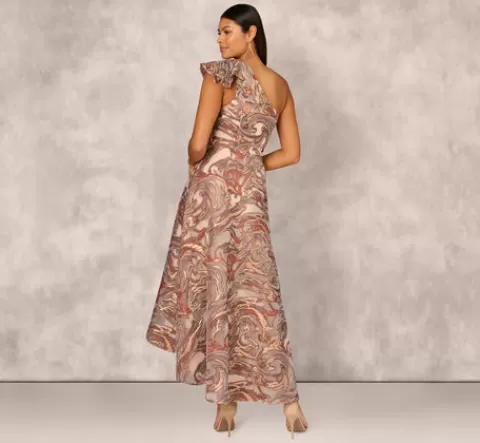 Adrianna Papell Clipped Jacquard High Low Gown With Ruffle One Shoulder Neck In Rust Multi RUSTMULTI Flash Sale