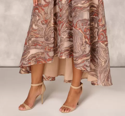 Adrianna Papell Clipped Jacquard High Low Gown With Ruffle One Shoulder Neck In Rust Multi RUSTMULTI Flash Sale