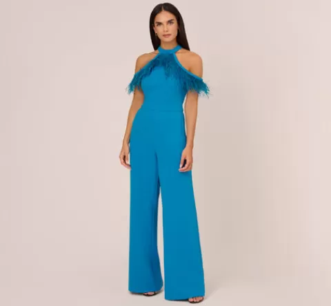 Adrianna Papell Cold Shoulder Stretch Crepe Jumpsuit With Feather Trim In Deep Cerulean DEEPCERULEAN Clearance