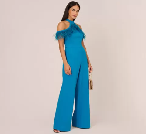 Adrianna Papell Cold Shoulder Stretch Crepe Jumpsuit With Feather Trim In Deep Cerulean DEEPCERULEAN Clearance
