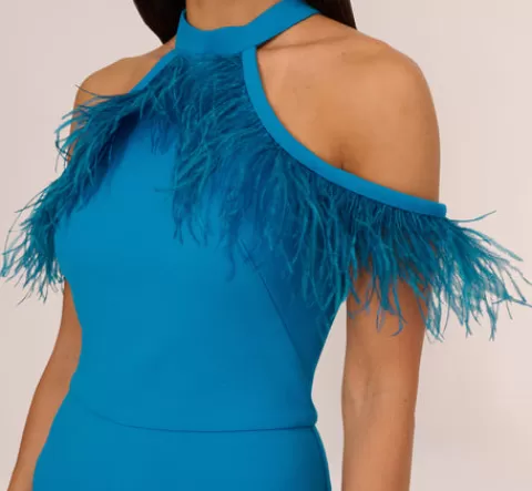 Adrianna Papell Cold Shoulder Stretch Crepe Jumpsuit With Feather Trim In Deep Cerulean DEEPCERULEAN Clearance