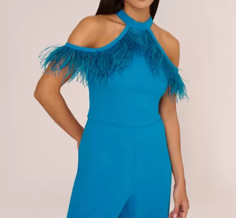 Adrianna Papell Cold Shoulder Stretch Crepe Jumpsuit With Feather Trim In Deep Cerulean DEEPCERULEAN Clearance