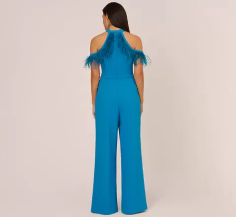 Adrianna Papell Cold Shoulder Stretch Crepe Jumpsuit With Feather Trim In Deep Cerulean DEEPCERULEAN Clearance