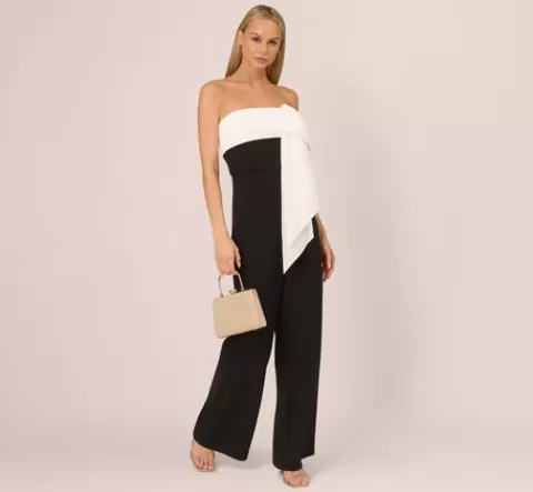 Adrianna Papell Colorblock Crepe Strapless Jumpsuit With Bow Accent In Black White BLACK-WHITE Best