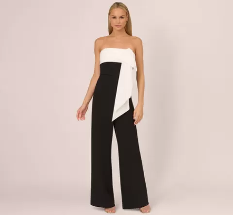 Adrianna Papell Colorblock Crepe Strapless Jumpsuit With Bow Accent In Black White BLACK-WHITE Best