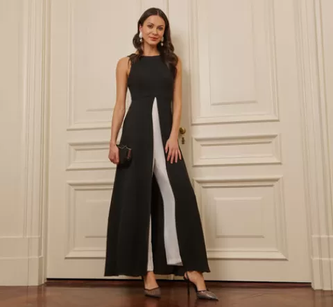 Adrianna Papell Colorblock Jumpsuit With Skirt Overlay In Black Ivory BLACK-IVORY Fashion