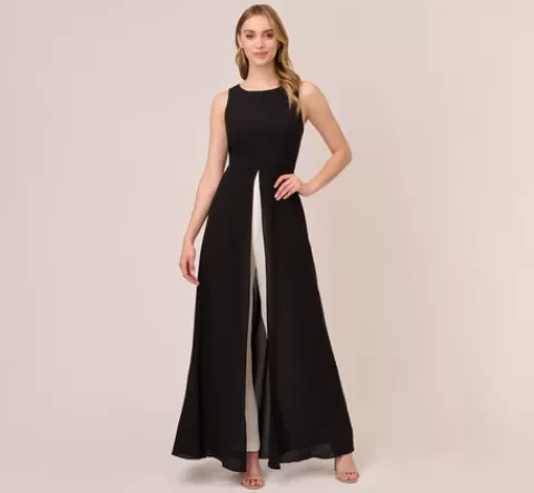 Adrianna Papell Colorblock Jumpsuit With Skirt Overlay In Black Ivory BLACK-IVORY Fashion