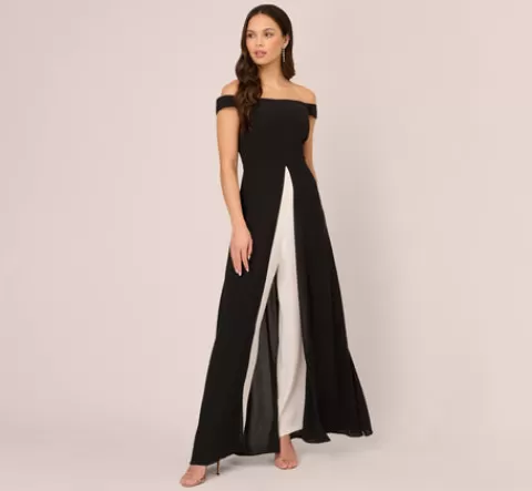 Adrianna Papell Colorblock Off The Shoulder Wide Leg Jumpsuit In Black Ivory BLACK-IVORY Outlet