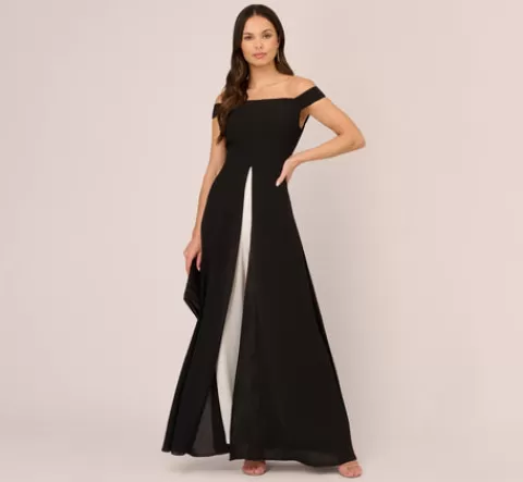 Adrianna Papell Colorblock Off The Shoulder Wide Leg Jumpsuit In Black Ivory BLACK-IVORY Outlet