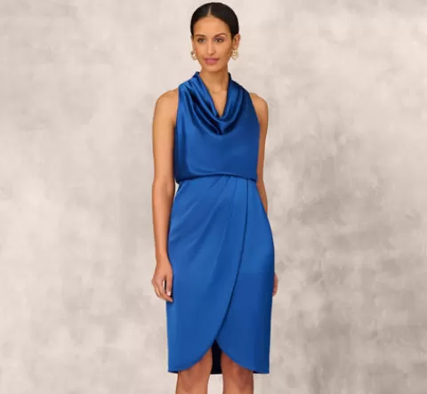 Adrianna Papell Cowl Neck Cocktail Dress With Front Draped Skirt In Deep Ocean DEEPOCEAN Best Sale