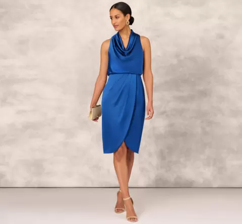 Adrianna Papell Cowl Neck Cocktail Dress With Front Draped Skirt In Deep Ocean DEEPOCEAN Best Sale