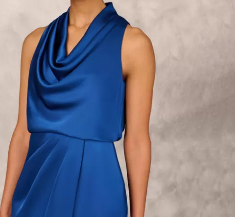 Adrianna Papell Cowl Neck Cocktail Dress With Front Draped Skirt In Deep Ocean DEEPOCEAN Best Sale