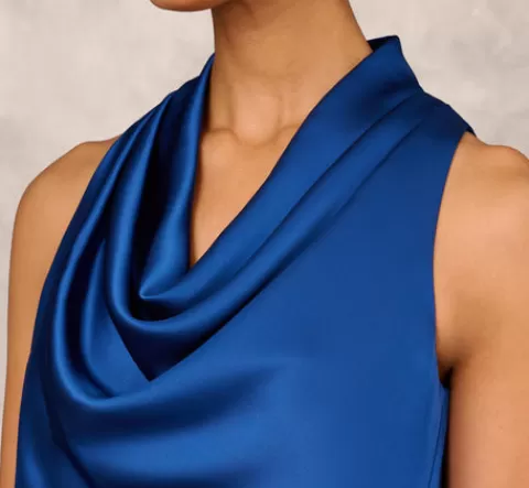 Adrianna Papell Cowl Neck Cocktail Dress With Front Draped Skirt In Deep Ocean DEEPOCEAN Best Sale